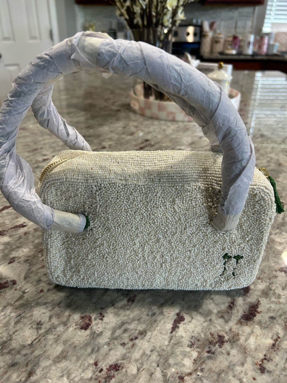 Anthropologie Beaded Cream Tote with Green Handles and Pink Accent - Picture 5 of 12